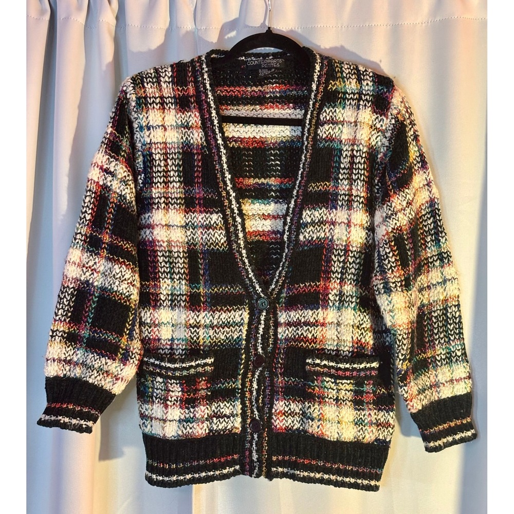 Vintage Counterparts Petites Plaid Cardigan Sweater Multi Color Knit Small